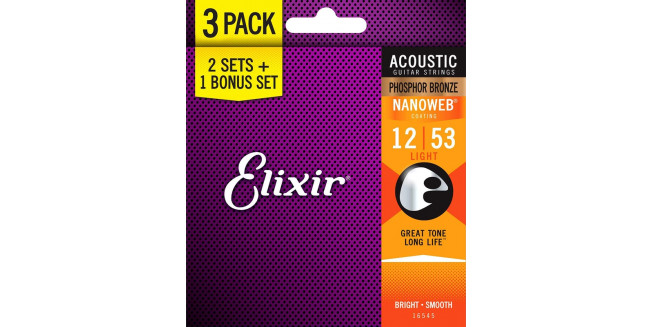 Elixir 16545 Nanoweb Phosphor Bronze Light 12/53 3-Pack