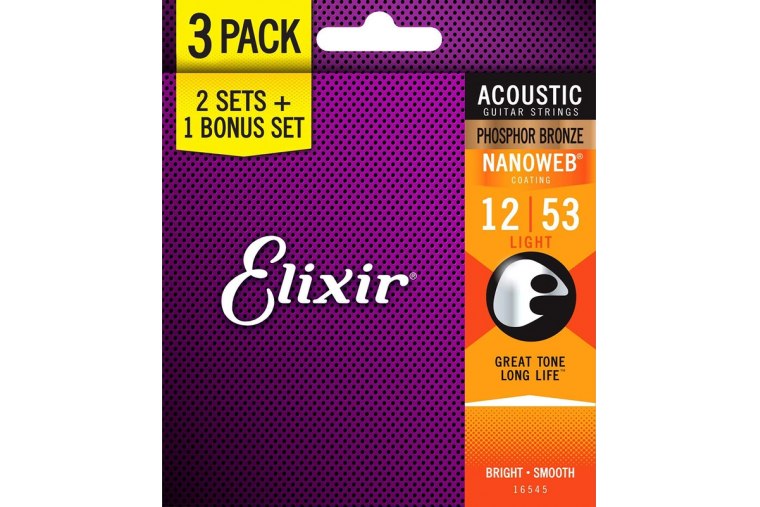 Elixir 16545 Nanoweb Phosphor Bronze Light 12/53 3-Pack
