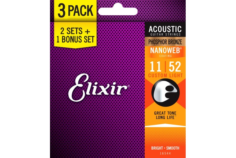 Elixir 16027 Nanoweb Phosphor Bronze Custom Light 11/52 3-Pack