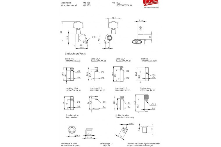 Schaller M6 135 Locking 3+3 Large Metal Buttons 19.5 - BK